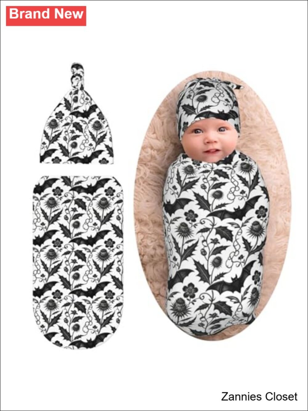 👻 Goth Bat Baby Swaddle Blanket Beanie Set Polyester Newborn Shower Gift 0-6M